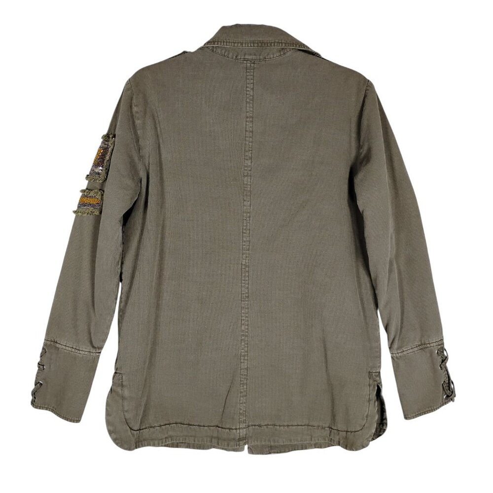 Willow & Clay Military Quilted Jacket Size Medium Green Beaded Arm Patches - Picture 4 of 9